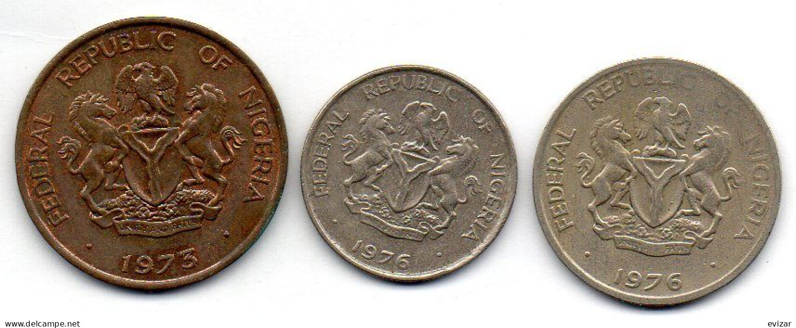 NIGERIA - Set Of Three Coins 1, 5, 10 Kobo, Bronze, Copper-Nickel, Year 1973, 1976, KM # 8.1, 9.1, 10.1 - Nigeria