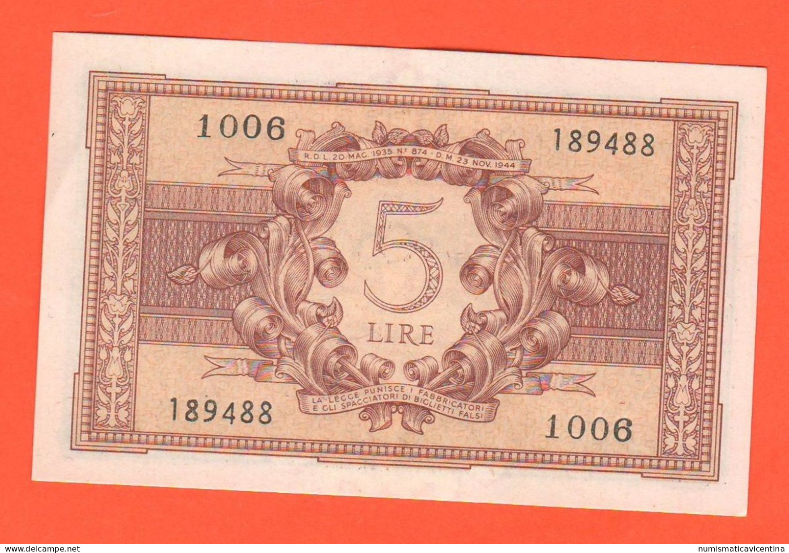 Italia Banconota Da 5 Lire 1944 Luogotenenza Italia Laureata Italie Italy - [ 4] Voorlopige Uitgaven