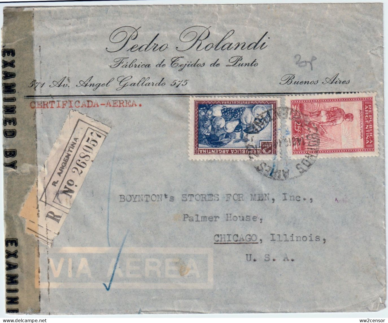 Argentina - 1944 Registered Airmail To Chicago In WWII By FAM-6 - Posta Aerea