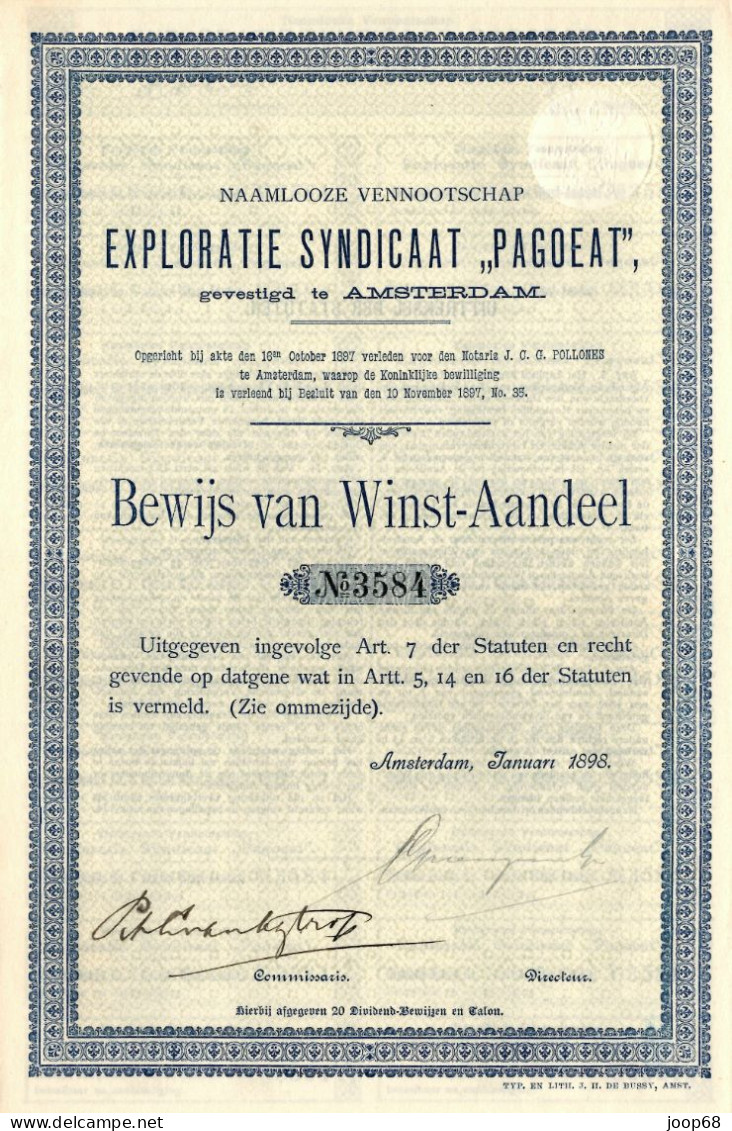 Exploratie Syndicaat "Pagoeat" N.V. - Winst-Aandeel - Amsterdam 1898 Indonesia - Landbouw