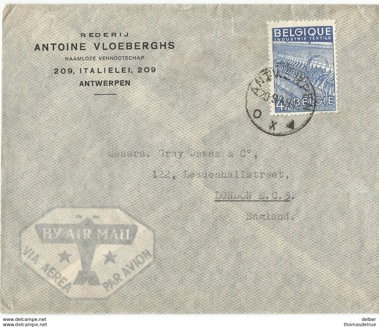 6Mm-941 N° 771 : ANTWERPEN 20-9-49 OX▲ > London  By Air Mail - 1948 Exportation