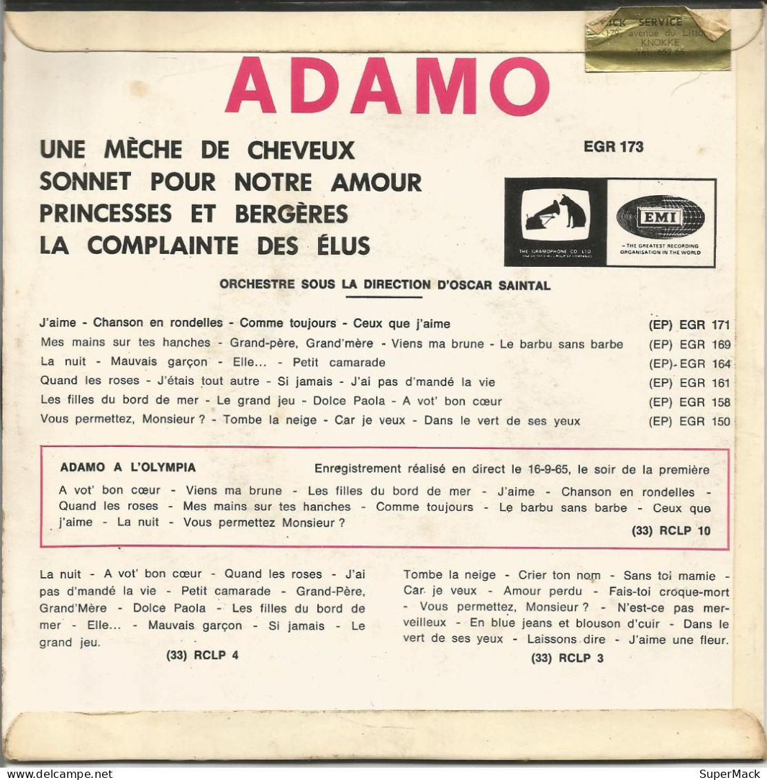 45T ADAMO Une Mèche De Cheveux EMI EGR173 Belgique 1966 - Ediciones De Colección