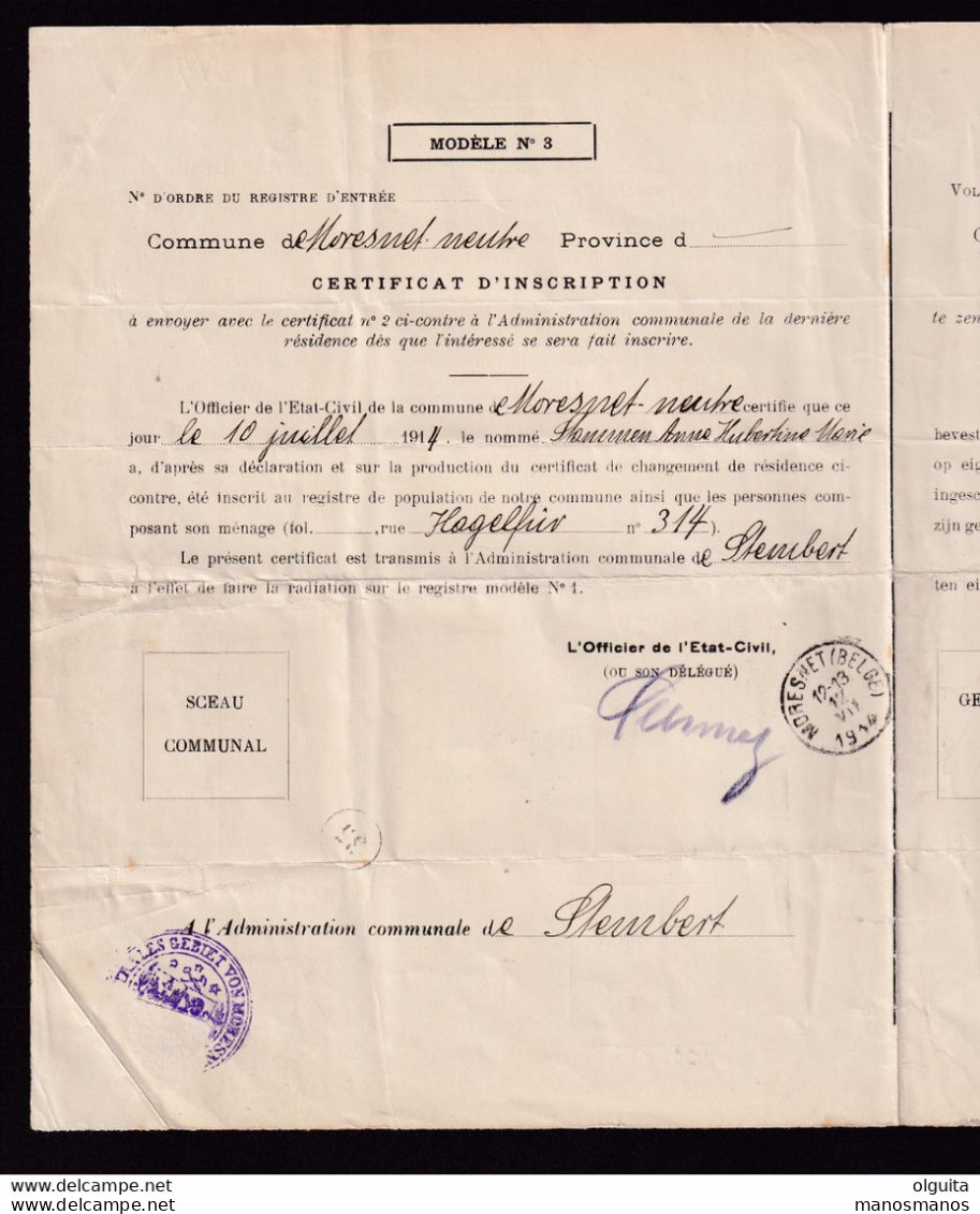 DDBB 618 - CANTONS DE L'EST MORESNET - Certificat De Changement De Résidence De STEMBERT 1914 Vers MORESNET Neutre - Franchise