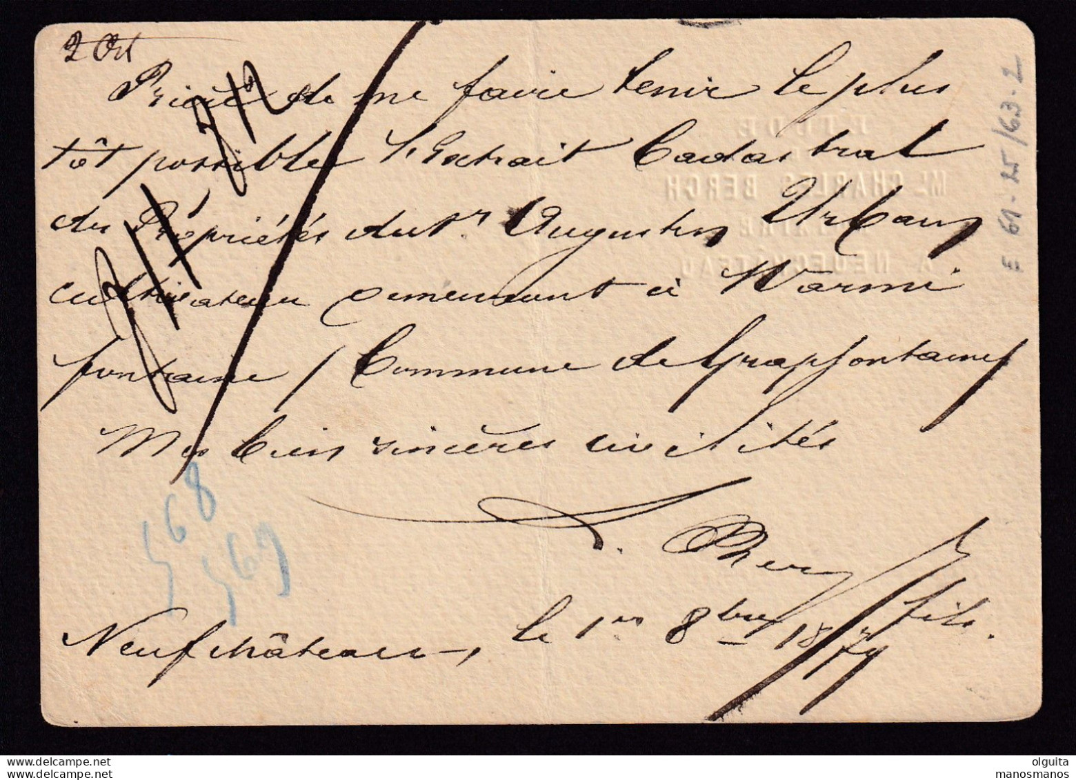 DDEE 359  - Entier Postal Lion Couché NEUFCHATEAU 1879 - Boite Urbaine Parallélogramme MG - Cachet Du Notaire Berch - Posta Rurale