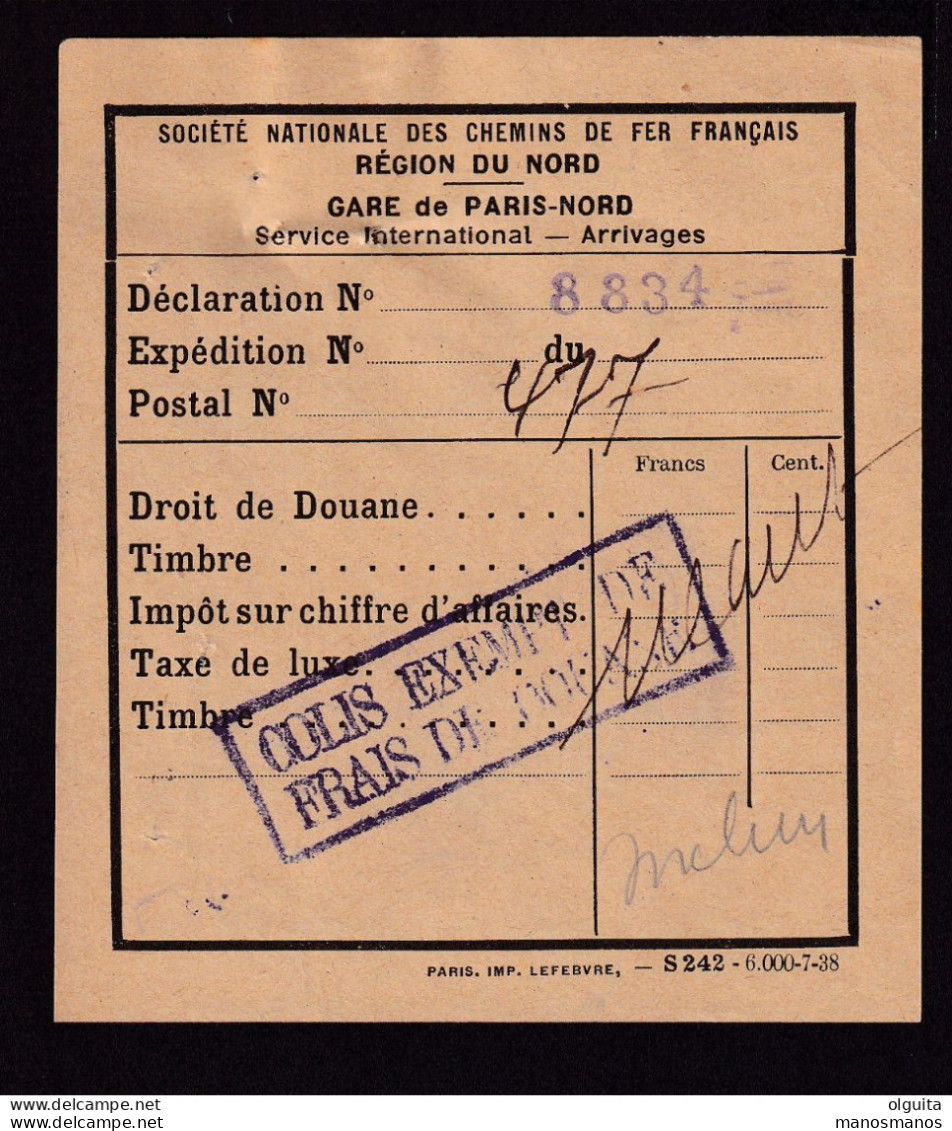 990/38 - Chemins De Fer Du NORD-BELGE - Reçu Pour Frais à CHARLEROI SUD 1939 , Pour Un Envoi Provenant De France - Nord Belge