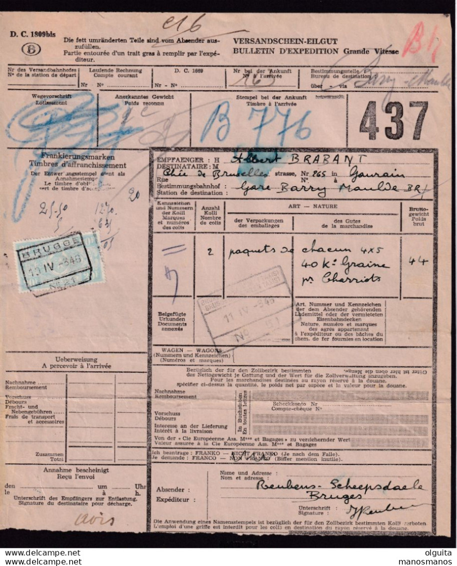 065/39 - Gare De BRUGGE BRUGES - 4 Bulletins D' Expédition Et 1 Fragment TP Armes Du Royaume  1927/1946 - Documents & Fragments