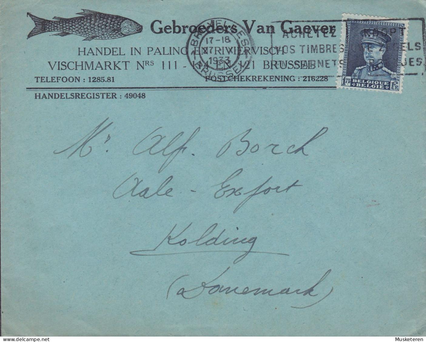 Belgium GEBROEDERS VAN GAEVER Vischmarkt (Fish Market) BRUXELLES 1933 Cover Brief KOLDING Denmark Big Montenez - 1929-1941 Big Montenez