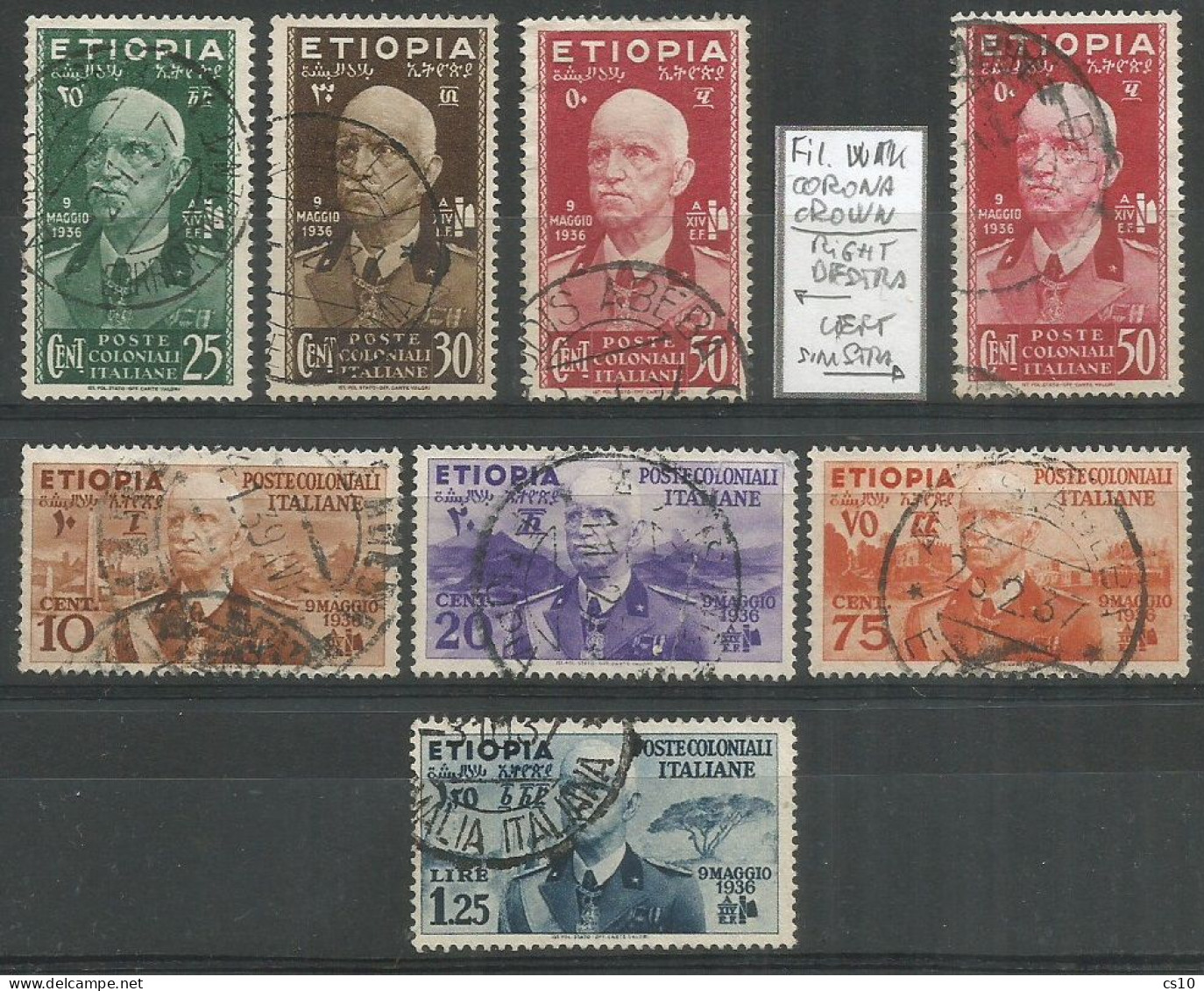 Etiopia Ethiopia Italia Colonia Colony 100% Cpl Set - VFU Condition Including C.50 WMK Filigrana DX Right + SX Left - Etiopía