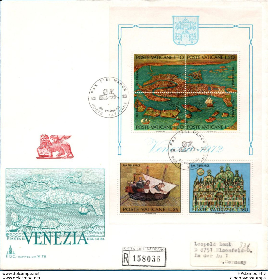 Vatican 1971 Block & 2 Values FDC Theme Rescue Venezia, Mailed To Germany  2303.2505 Map, Ship, San Marco Basilica - Lettres & Documents