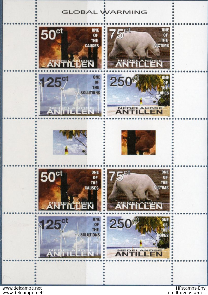 Dutch Antilles 2008 Global Warning Sheet With Labels MNH H-08-05sh 2 Burning Forest, Ice Bear On Watery Ice, Windmills - Protection De L'environnement & Climat