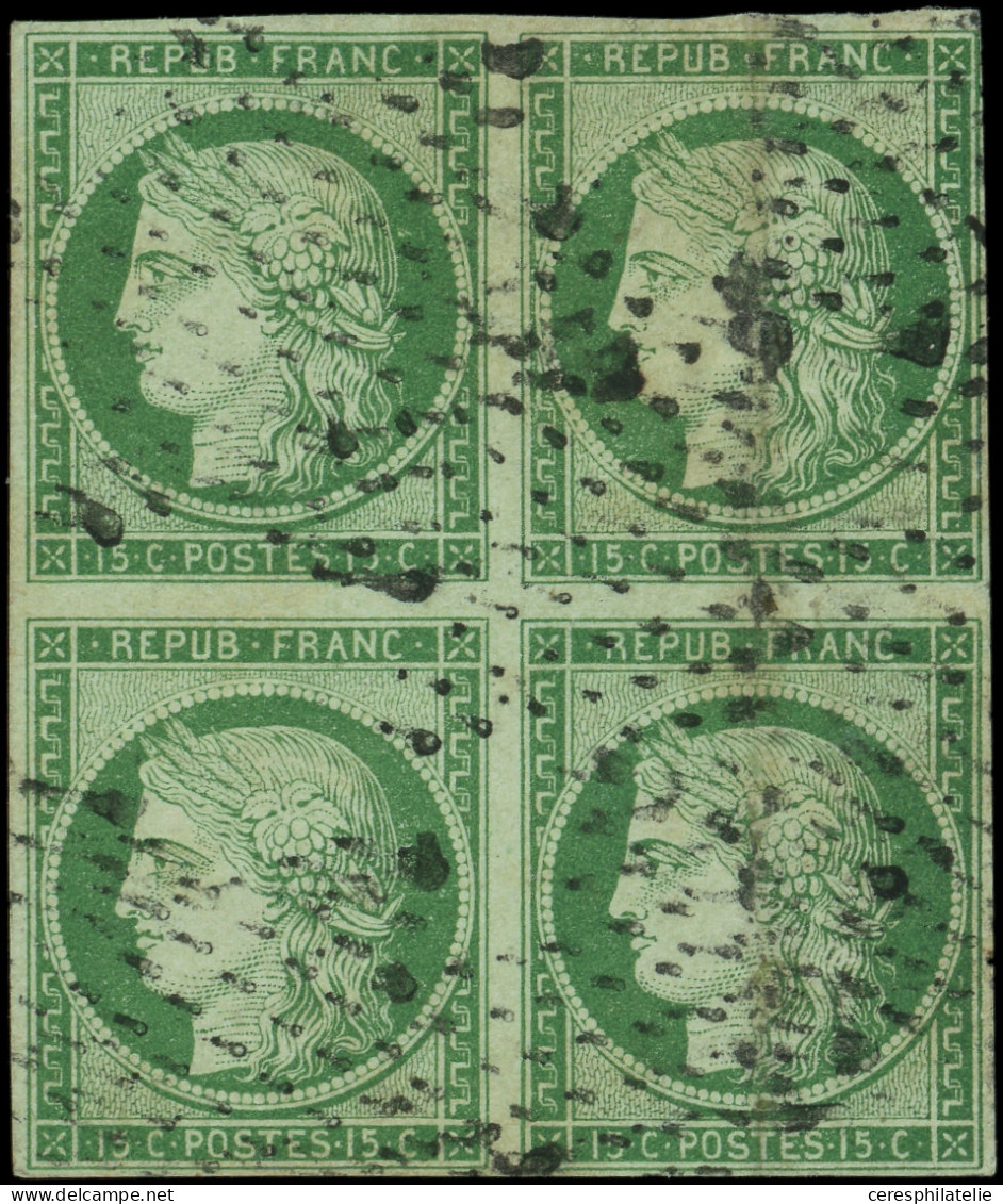 EMISSION DE 1849 - 2    15c. Vert, BLOC De 4 Obl. ETOILE, Pli Vertical Sur Les 2 Ex. De Droite, Sinon RRR, TB - 1849-1850 Cérès