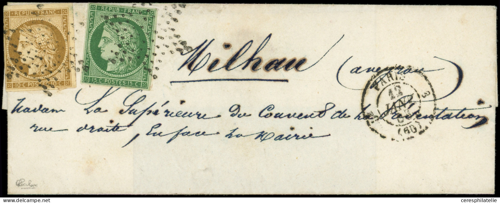 Let EMISSION DE 1849 - 2 Et 1a, 15c. Vert Et 10c. Bistre-brun (touché) Obl. ETOILE S. LSC, Càd PARIS 12/1/53, TB, Certif - 1849-1876: Klassieke Periode