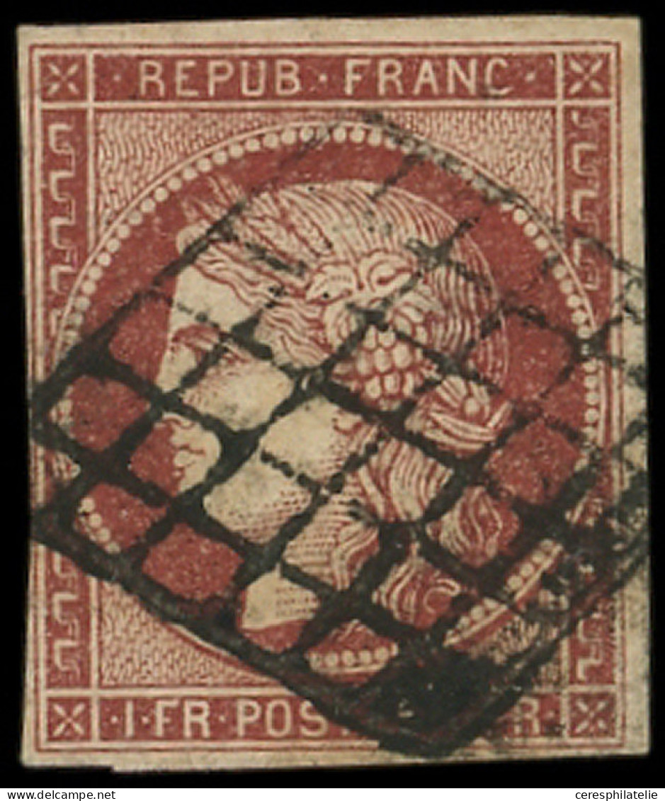 EMISSION DE 1849 - 6B    1f. Carmin-brun, Au Filet Sur 2 Mm Obl. GRILLE, TB, Certif. Calves - 1849-1850 Ceres