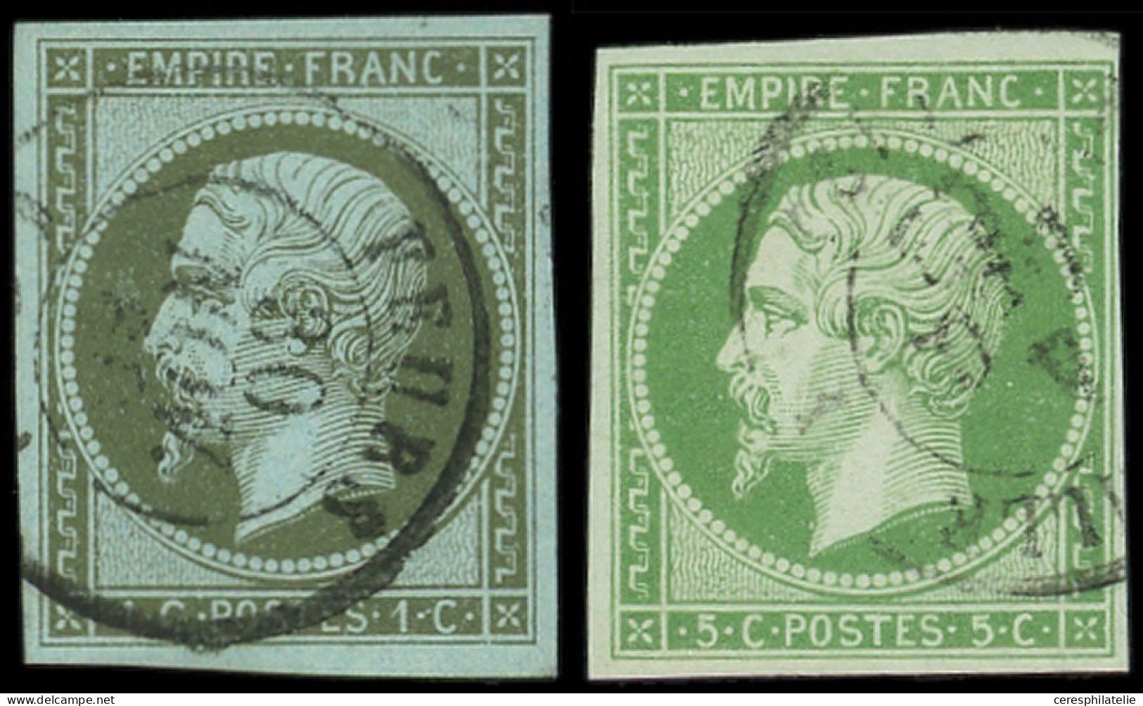 EMPIRE NON DENTELE - 11 Et 12, 1c. Olive Et 5c. Vert, Obl. Càd T15, TB - 1853-1860 Napoléon III