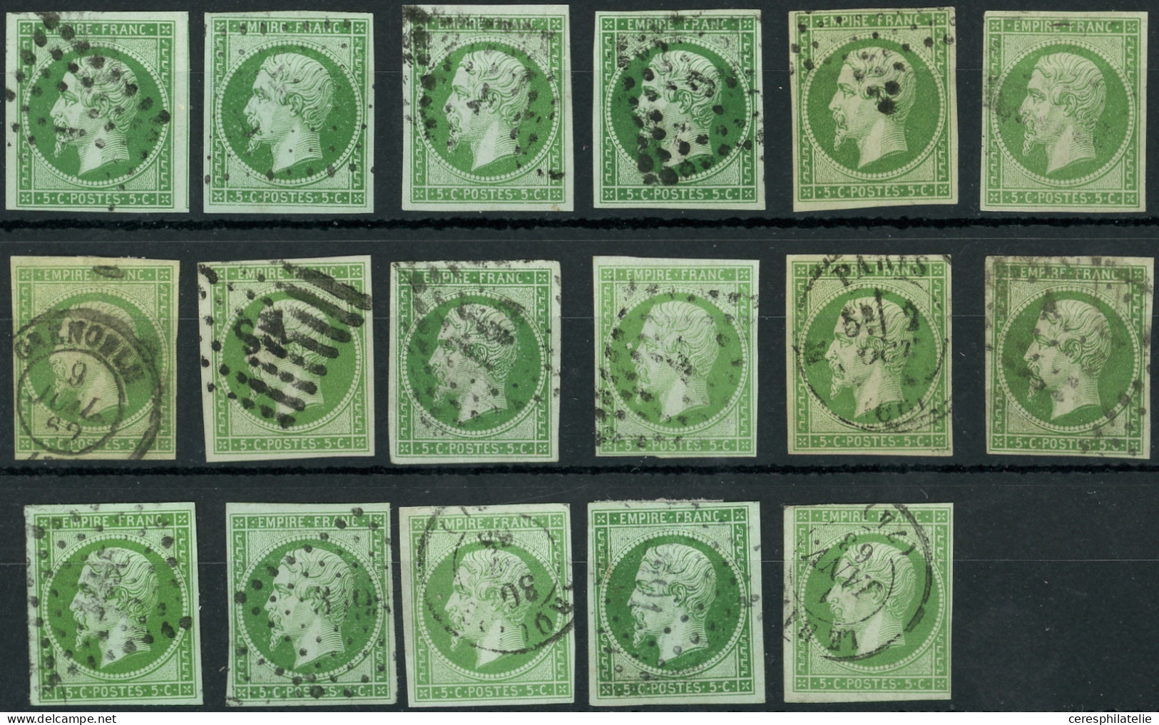 EMPIRE NON DENTELE - 12    5c. Vert, 16 Ex. Obl. PC, Losange, Etoile Ou Càd, Nuances Diverses, TB - 1853-1860 Napoleon III