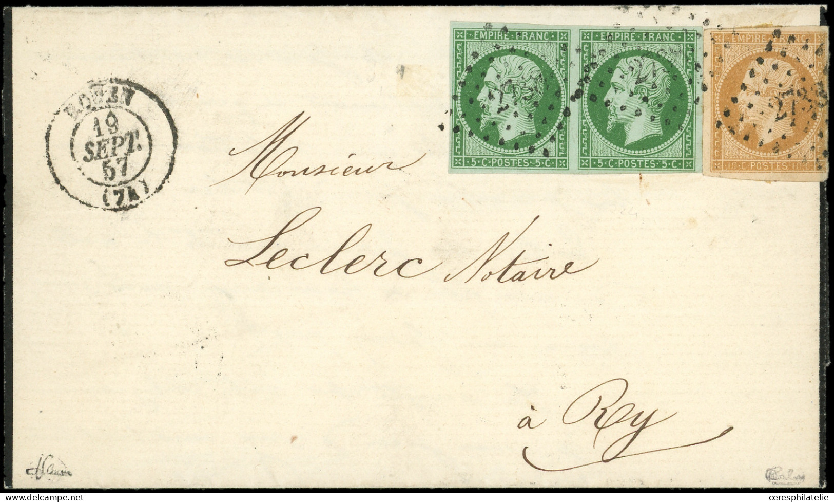 Let EMPIRE NON DENTELE - 12b   5c. Vert FONCE, PAIRE, N°13A 10c. Bistre T I Obl. PC 2738 S. LAC, Càd T15 ROUEN 19/9/57,  - 1849-1876: Classic Period