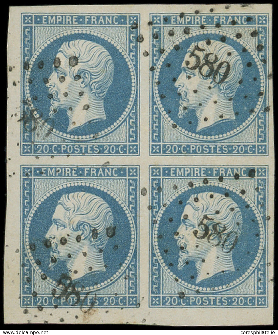 EMPIRE NON DENTELE - 14A  20c. Bleu, T I, BLOC De 4, Très Grandes Marges, Obl. PC 580, Superbe - 1849-1876: Periodo Classico