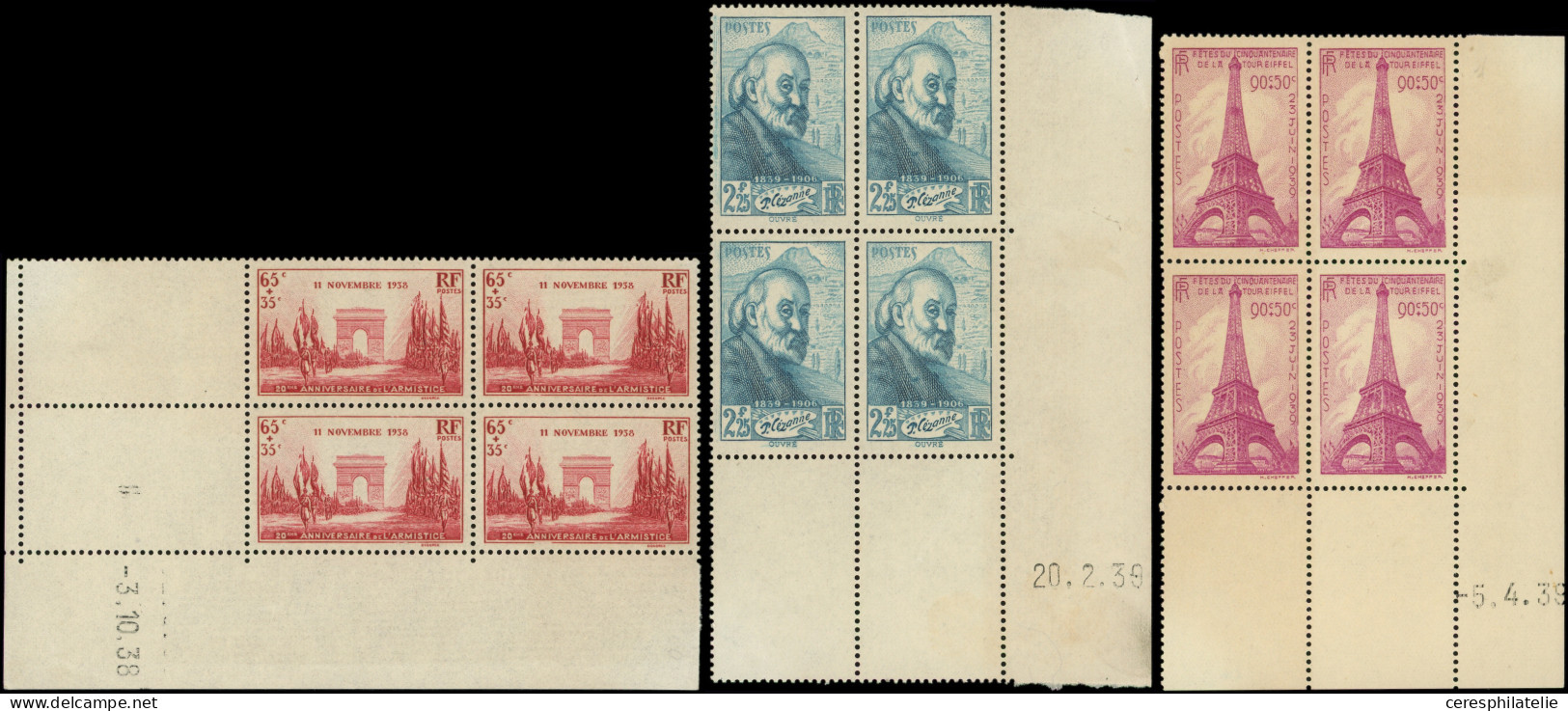 ** Lot De 7 BLOCS De 4 CD Entre 1936 Et 1939 Dont N°313, 379, 398 Et 429, N°398 Un Ex. Adh., TB - Sammlungen (im Alben)