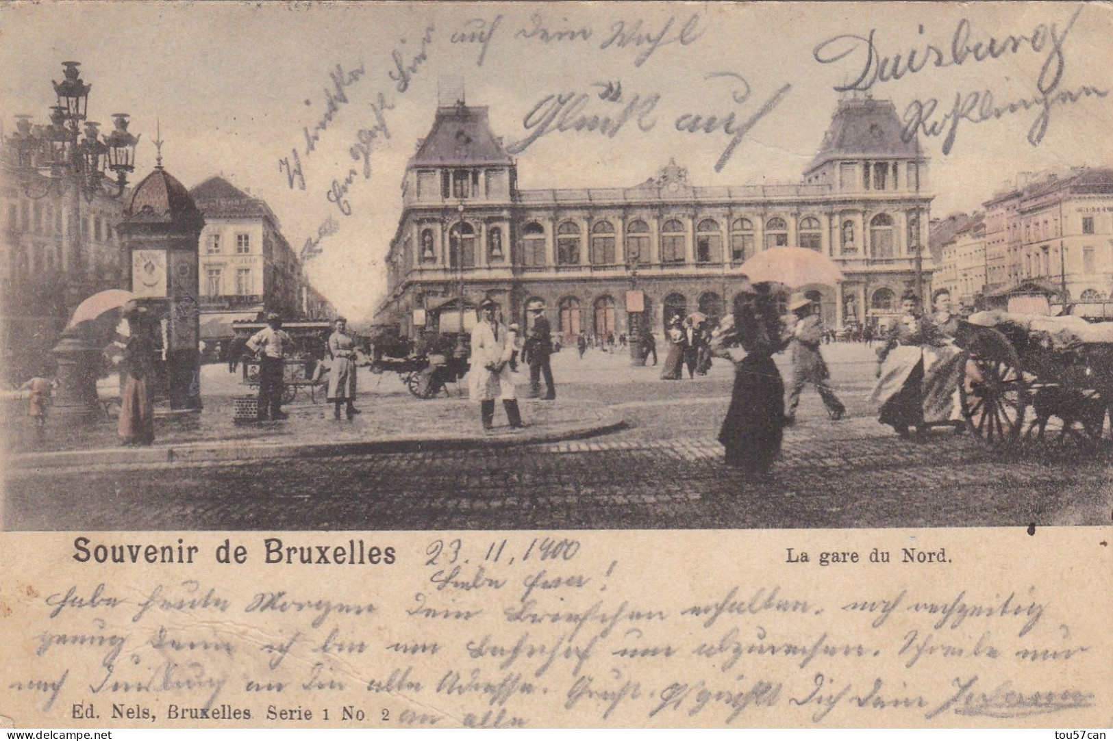 BRUXELLES - BELGIQUE - CPA ANIMEE DE 1900 - LA GARE DU NORD EN COULEURS.... - Spoorwegen, Stations