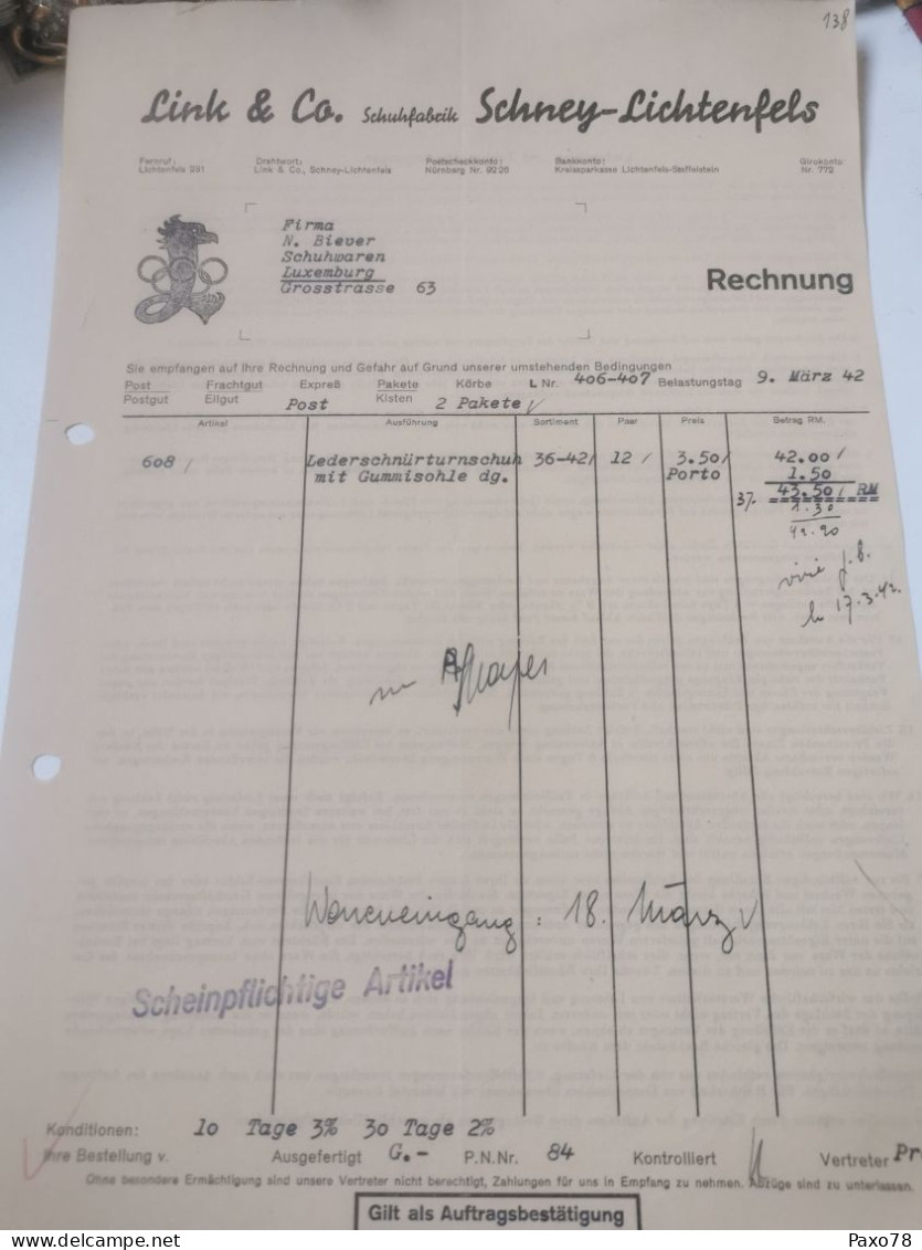 Rechnung Allemagne, Link & CO, Schney Lichtenfels 1942 - 1900 – 1949