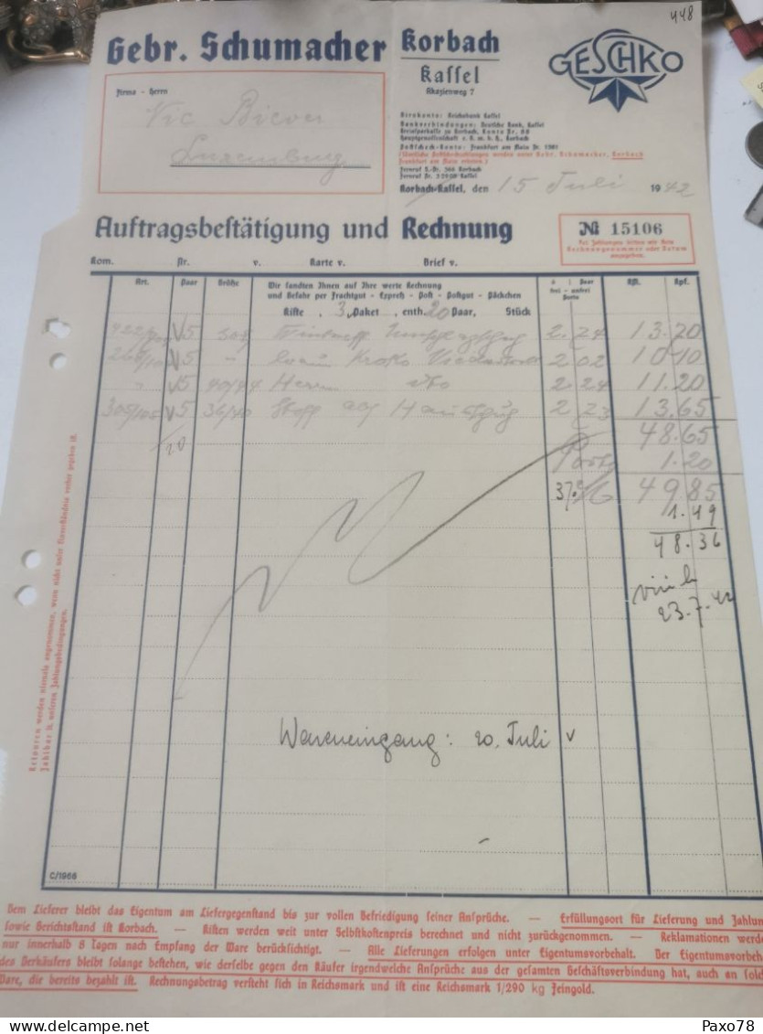 Rechnung Allemagne, Gebr. Schumacher, Korbach 1942 - 1900 – 1949