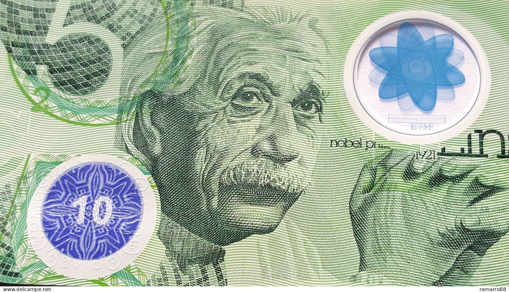 De La Rue - Albert Einstein "5" Type III - Guardian Polymer Specimen Test Note Unc