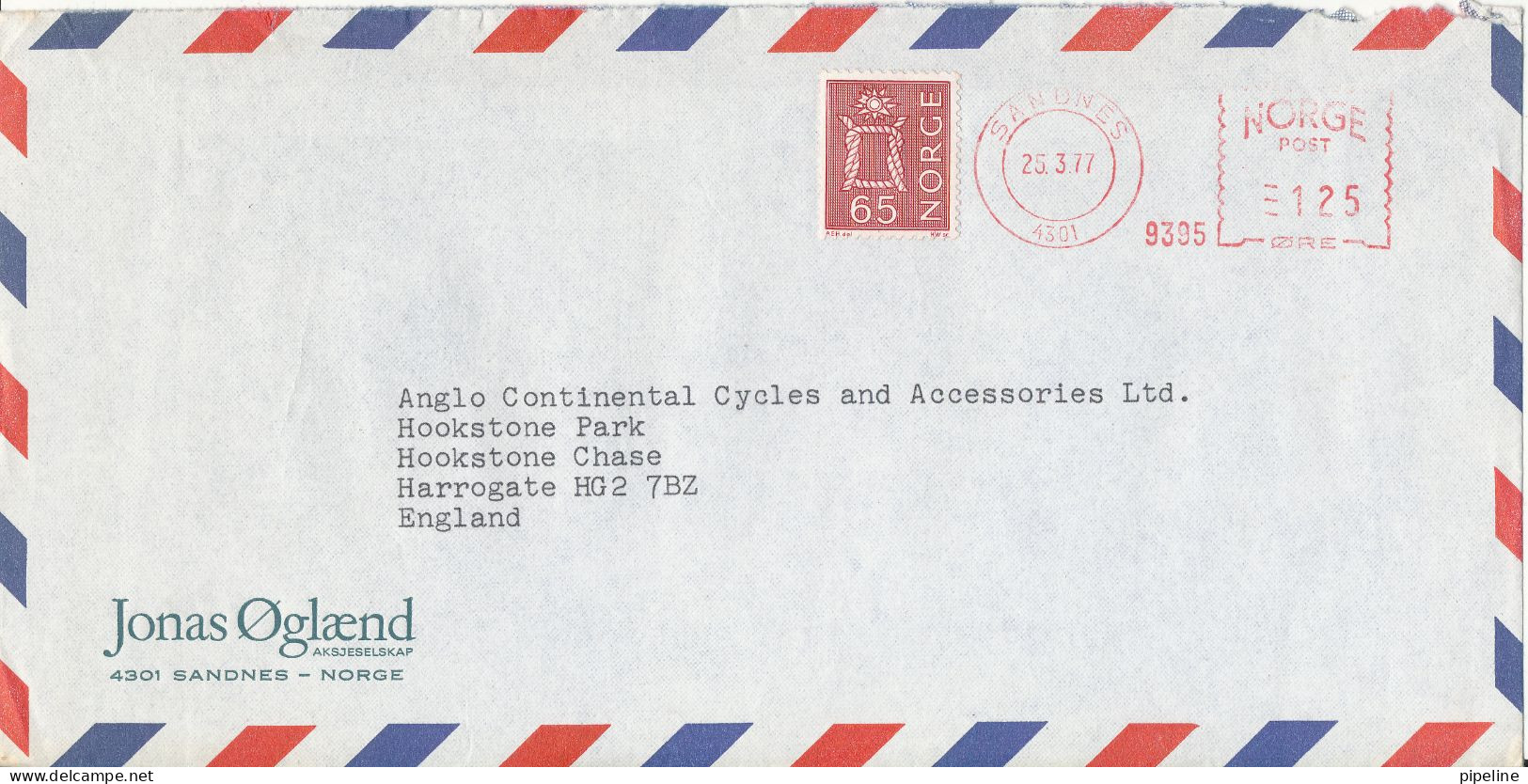 Norway Air Mail Cover With A Stamp And Red Meter Cancel Sent To England Sandnes 25-3-1977 - Storia Postale