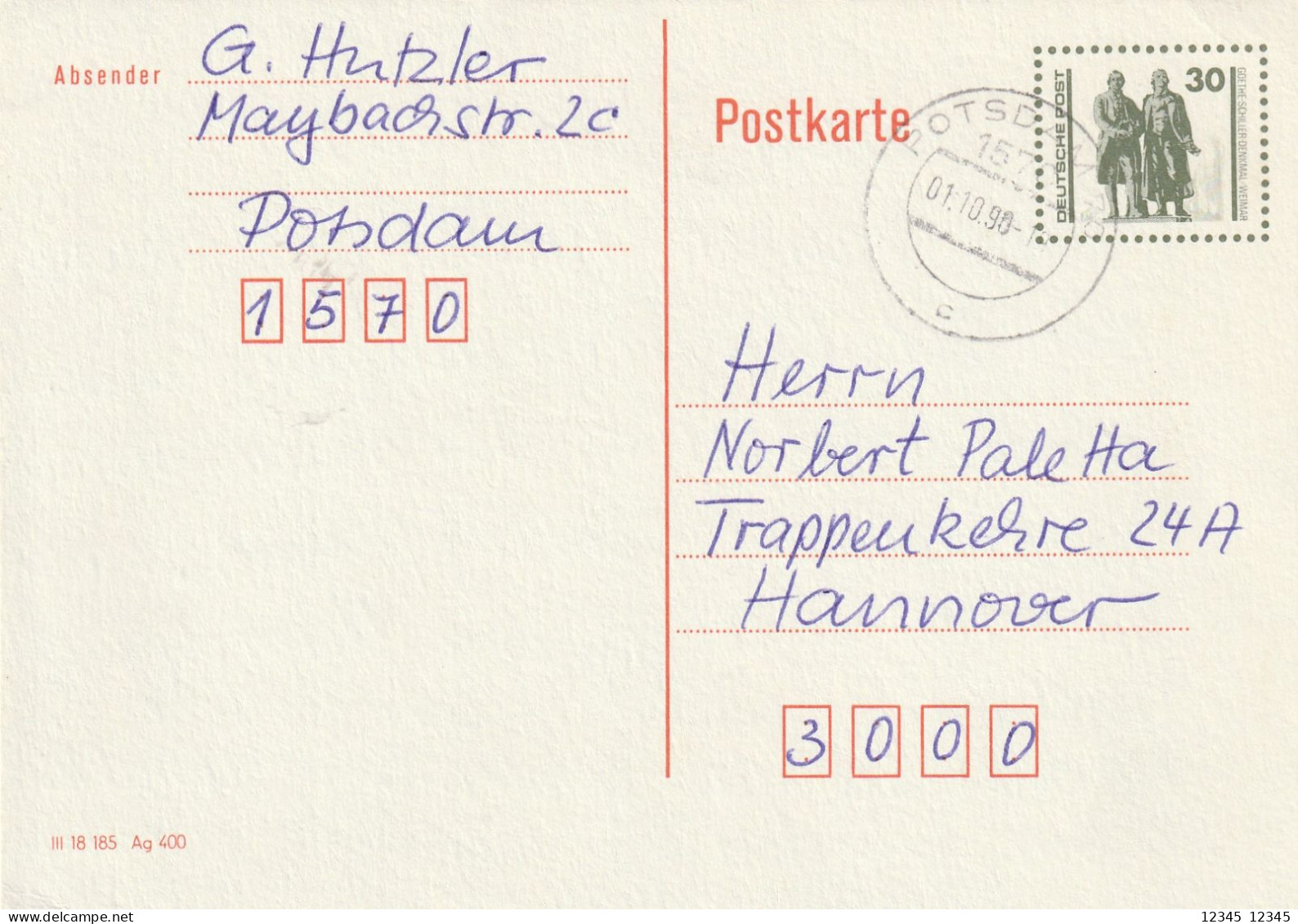 Postkarte 1990 From Potsdam To Hannover - Postkarten - Gebraucht