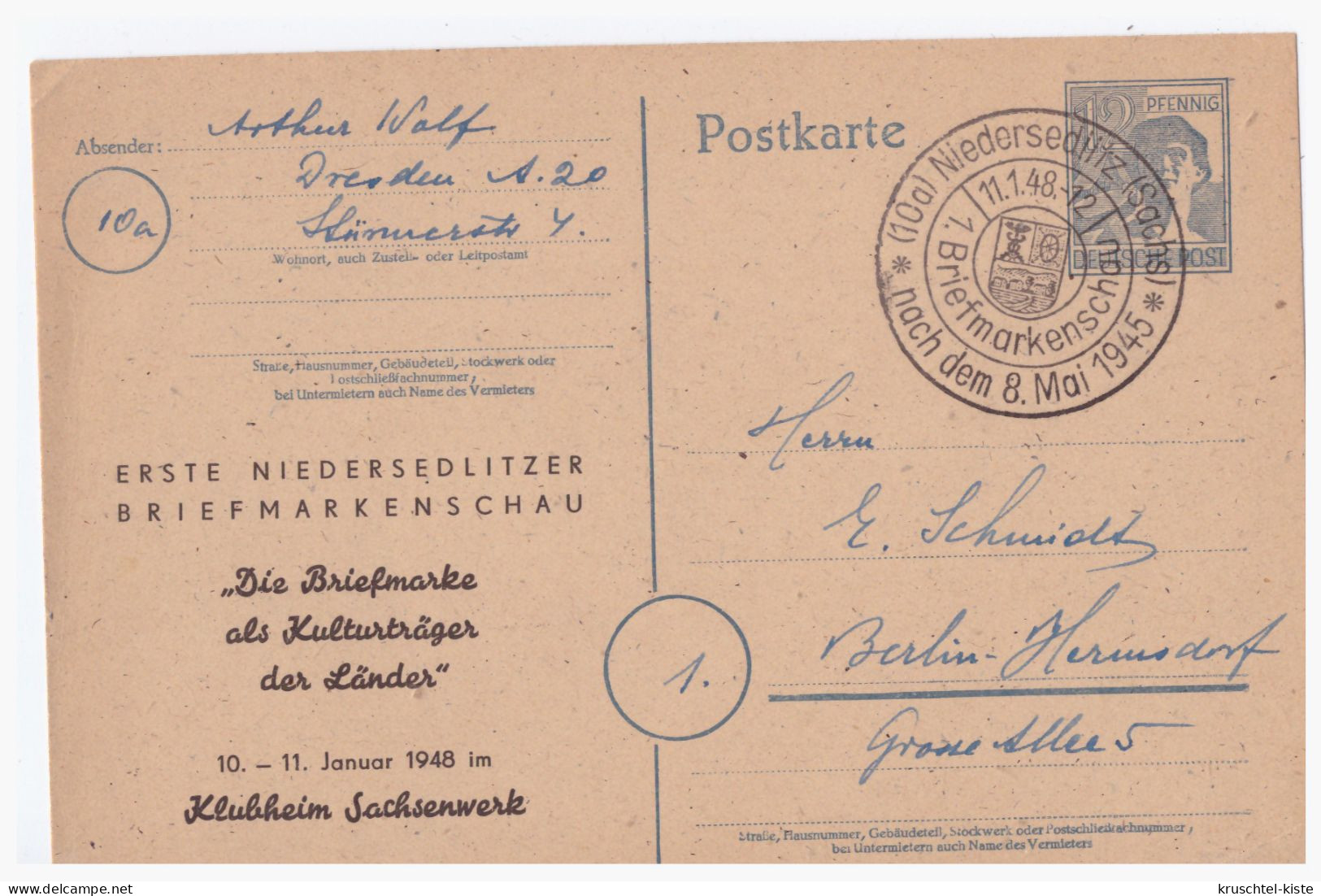 GM (000713) Ganzsache P962 Mit Privaten Zudruck "Erste Niedersedlitzer Briefmarkenschau" 10/ 11. Jan. 1948 Mit SST - Interi Postali