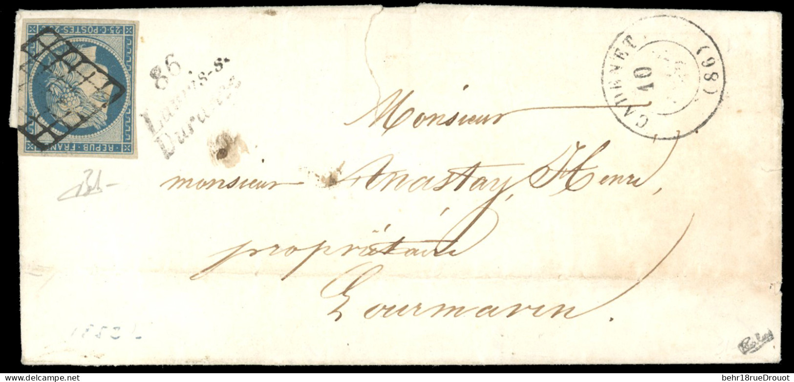 Obl. 4 - 25c. Bleu Obl. Grille S/lettre Frappée Du CàD De CADENET Du 10 Septembre 1852 à Destination De LOURMARIN - VAUC - 1849-1850 Cérès