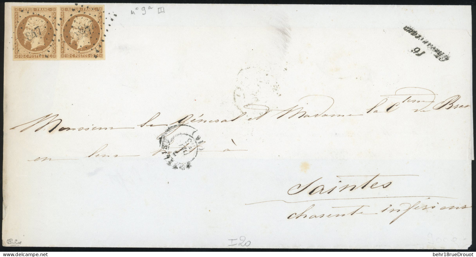 Obl. 9a - Paire Du 10c. Bistre Brun, Obl. PC 847 S/lettre Partielle, à Destination De SAINTES - CHARENTE-INFERIEURE. Arr - 1852 Louis-Napoléon