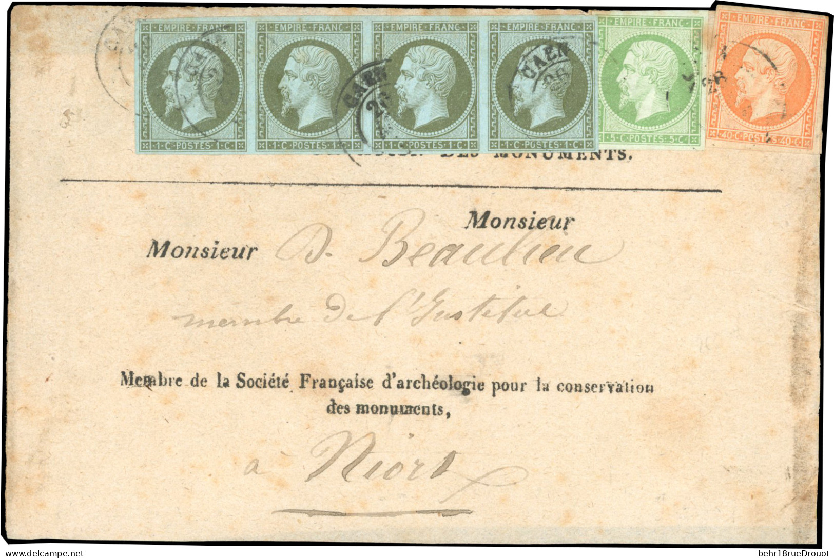 Obl. 11x4+12+16 - Bande De 4 Du 1c. Olive + 5c. Vert + 40c. Orange Obl. S/lettre Frappée Du CàD De CAEN Du 26 Mai 1862 à - 1853-1860 Napoléon III