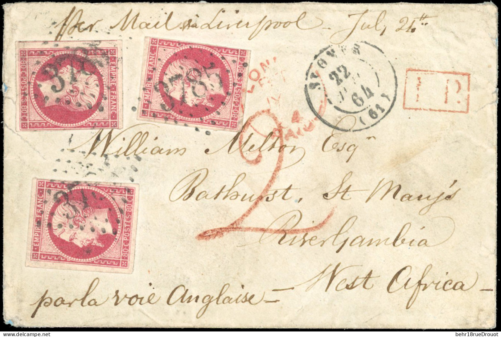 Obl. 17Bx3 - 80c. Rose Obl. GC 3785 S/lettre Frappée Du CàD De ST-OMER Du 22/-/1864 à Destination De BATHURST - ST MARY' - 1853-1860 Napoléon III