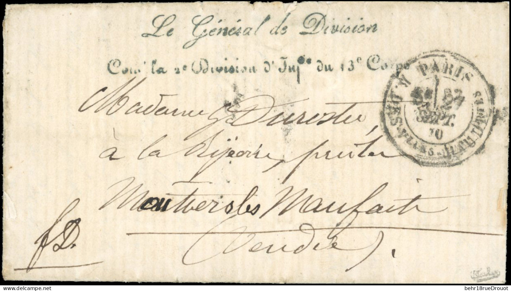 Obl. LES ETATS UNIS. Lettre Du Bicêtre Du 27 Septembre 1870 Frappée De La Griffe De FRANKLIN ''Le Général De Division Du - Guerre De 1870