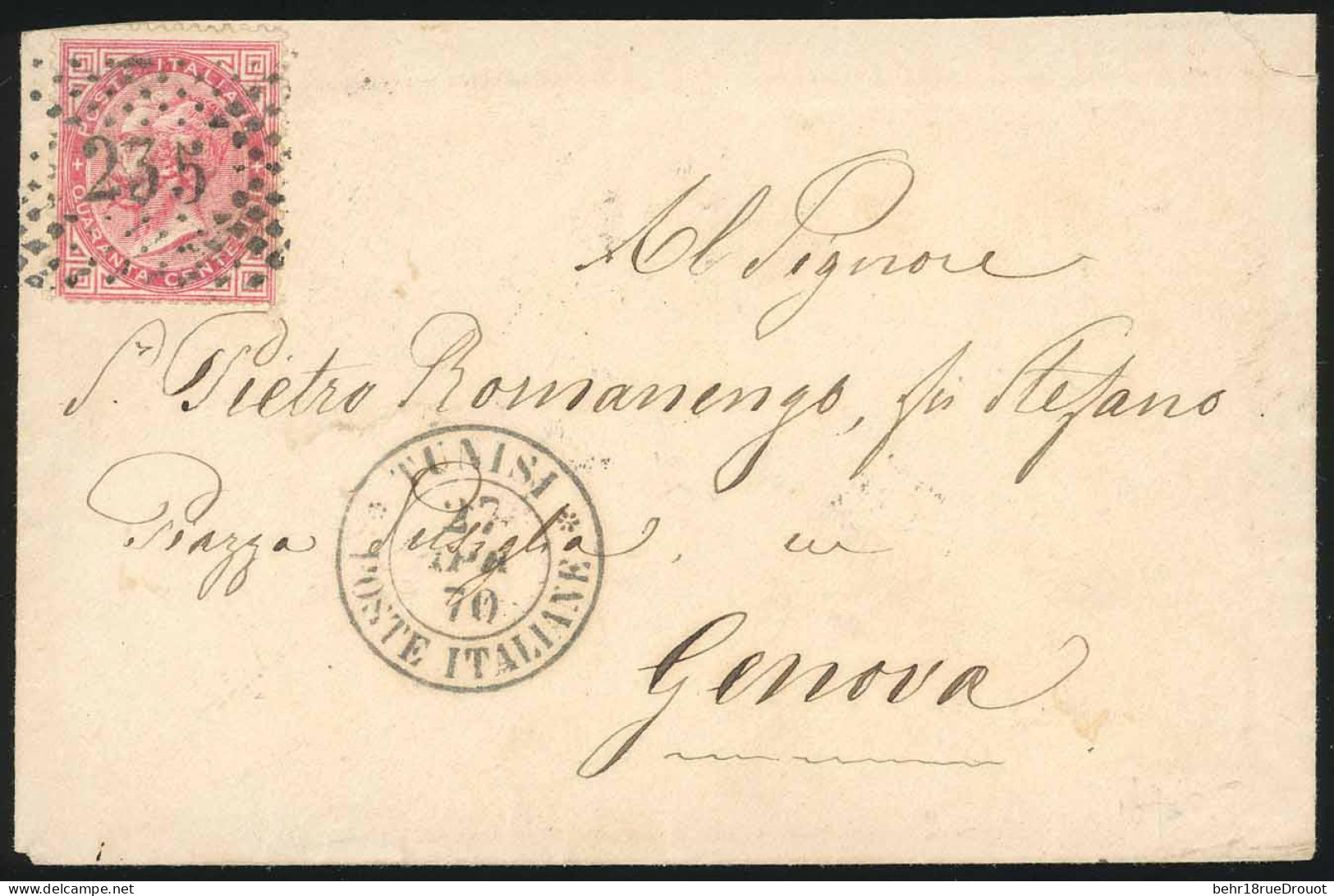 * Timbre D'Italie N°19 Obl. ''235'' S/lettre Frappée Du CàD De TUNISIE - POSTE ITALIENNE Du 27 Avril 1870 à Destination  - Autres & Non Classés