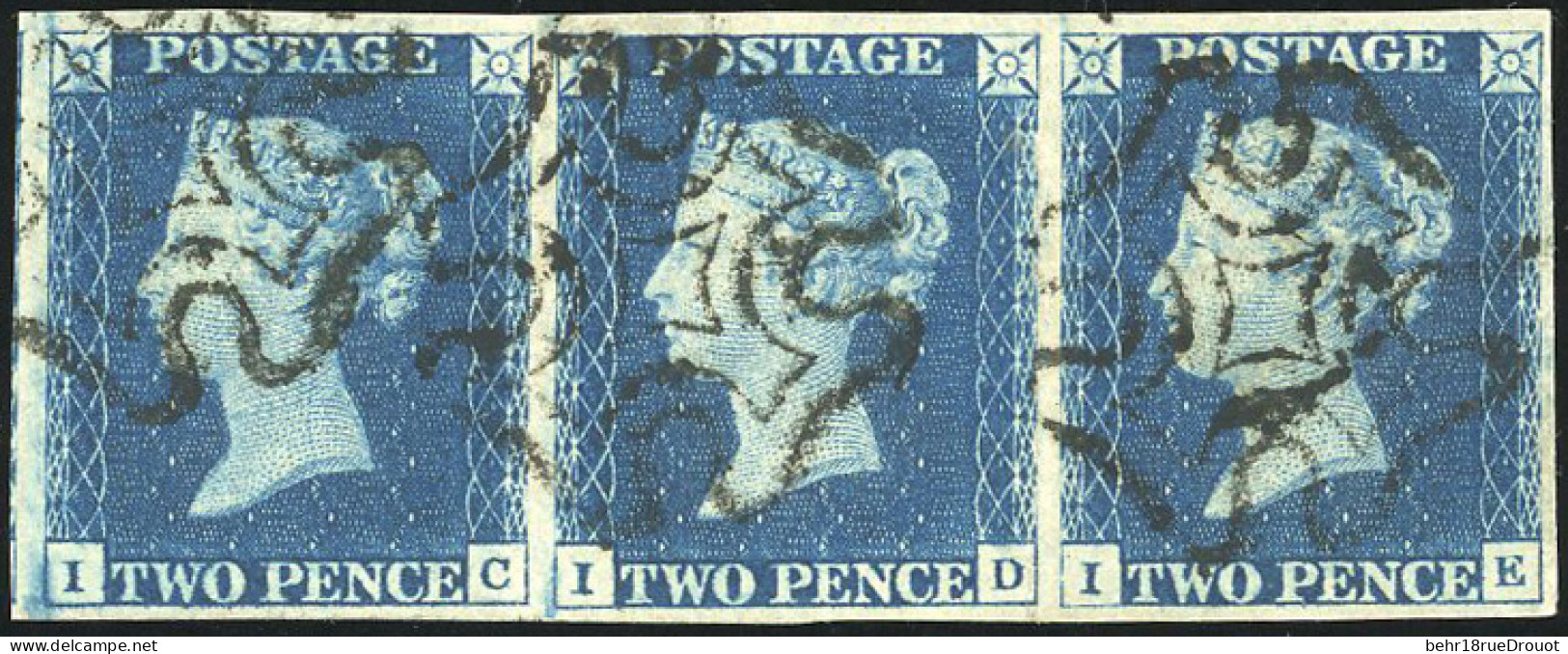 Obl. SG#5-DS6 - 1840. 2d. Deep Full Blue. Plate 2. Wmk. Small Crown. Imperf. Strip Of Three Lettered I-C I-D I-E With La - Other & Unclassified