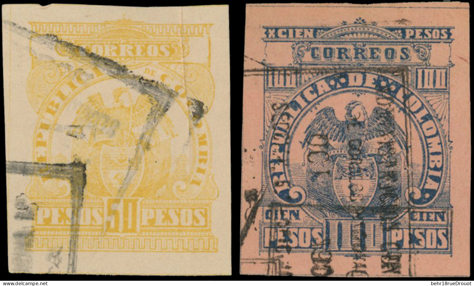 Obl. 131/132 - 50p. Orange S/rose Pâle (pli) + 100p. Bleu S/rose. ND. Obl. TB. - Colombie