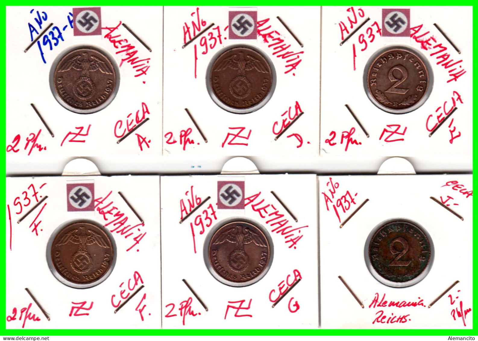 GERMANY - ALEMANIA DEUTFCHES REICH SERIE DE 6 MONEDAS DE 0.02 REICHSPFENNIG AÑO 1937 – KM 90 ( SERIE COMPLETA 6 CECAS ) - 2 Reichspfennig