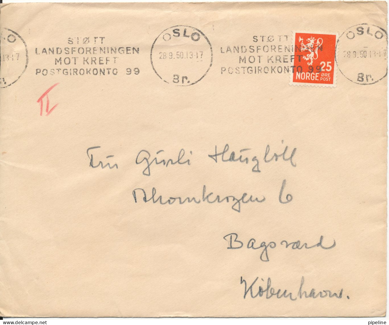 Norway Cover Sent To Denmark Oslo 28-9-1950 Support The Fight Against CANCER - Briefe U. Dokumente