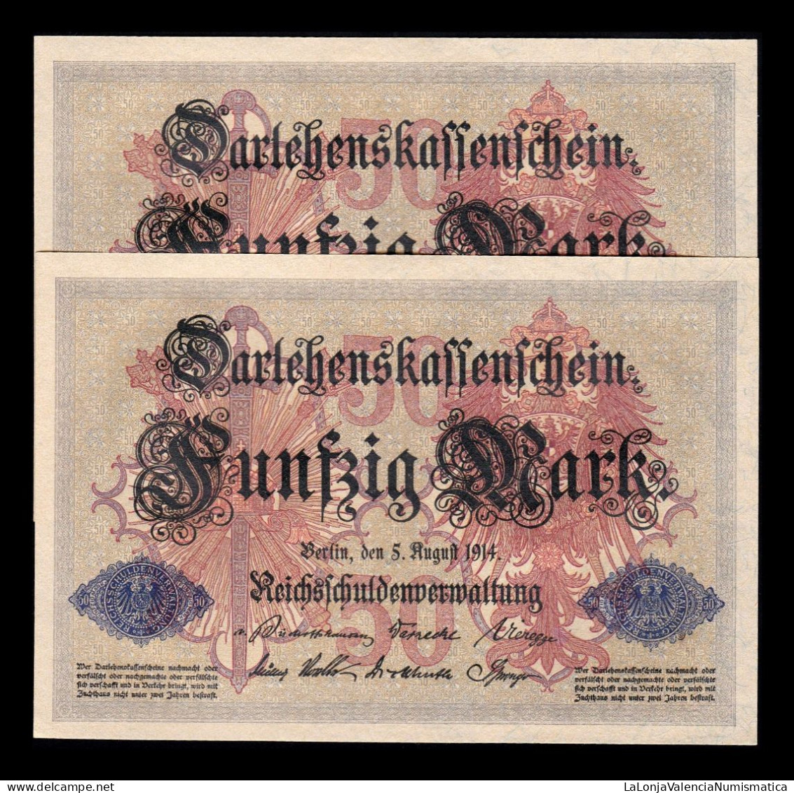 Alemania Germany Pareja Correlativa 50 Mark 1914 Pick 49b Sc Unc - 50 Mark