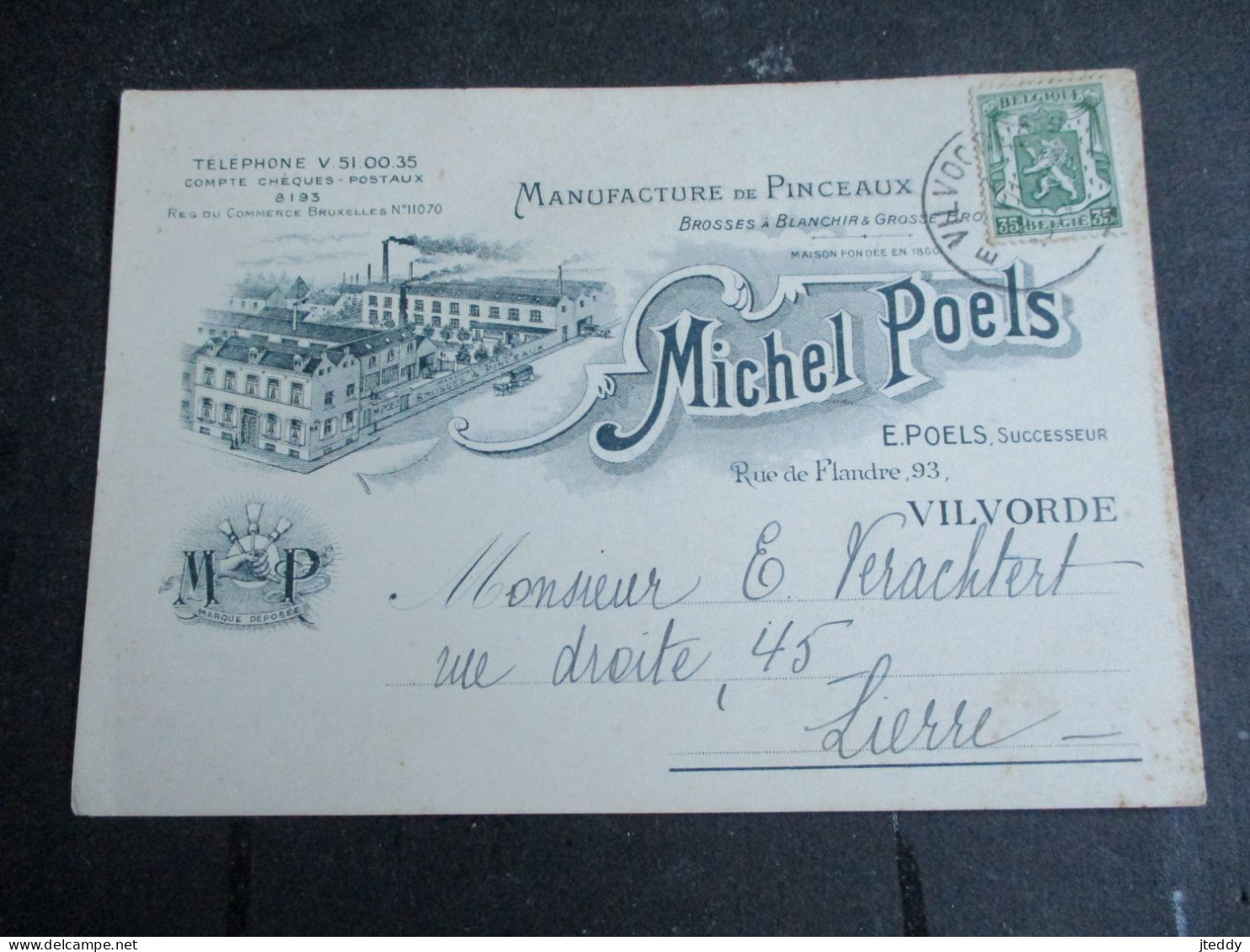 Oude Postkaart 1937  Manufacture Et Pinceaux  MICHEL  POELS   VILVORDE - Vilvoorde
