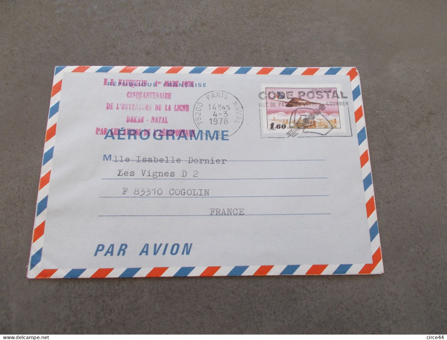 FRANCE.ENTIER POSTAL CONCORDE.PARIS 1978.CINQUANTENAIRE OUVERTURE DE LA LIGNE DAKAR PARIS PAR LES HEROS DE L'AEROPOSTALE - Autres & Non Classés