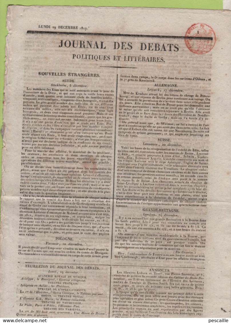 JOURNAL DES DEBATS 29 12 1817 - STOCKHOLM - VARSOVIE - LAUSANNE - LEIPZIG - LONDRES - LAFON THEATRE FRANCAIS - TOULOUSE - 1800 - 1849