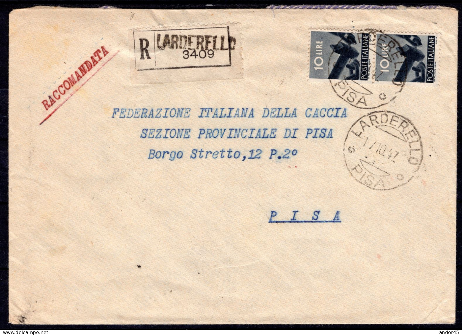 1947 17 OTTOBRE DEMOCRATICA C.80+L.1,20 SASS 549+551 DUE BLOCCHI DI 10 + L.10 SASS 558 IN COPPIA SU RACCOMANDATA DA LARD - 1946-47 Corpo Polacco Period