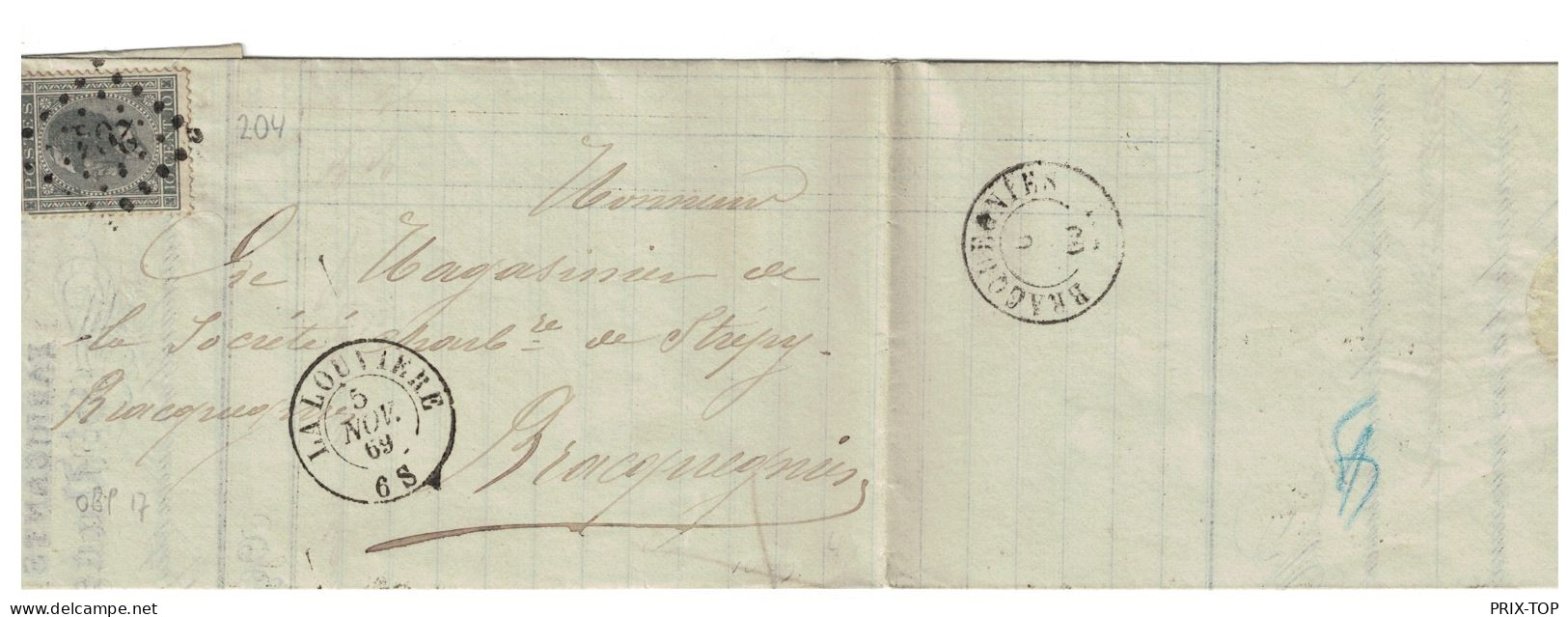 TP 17 S/LAC Daté St. Vaast 1869 LOS PTS 204 + Obl. Double Cercle La Louvière 5/11/69 > Bracquegnies C. D'arrivée - Postmarks - Points