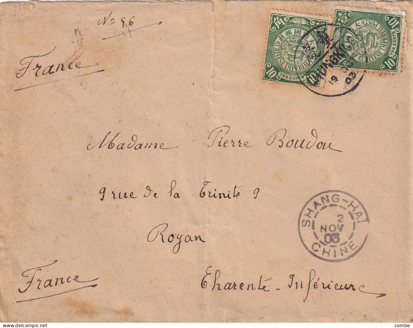 LETTRE. CHINE. COVER CHINA.1903. SHANG-HAI. DRAGON 10c X 2.  CHONGKING. POUR FRANCE - Briefe U. Dokumente