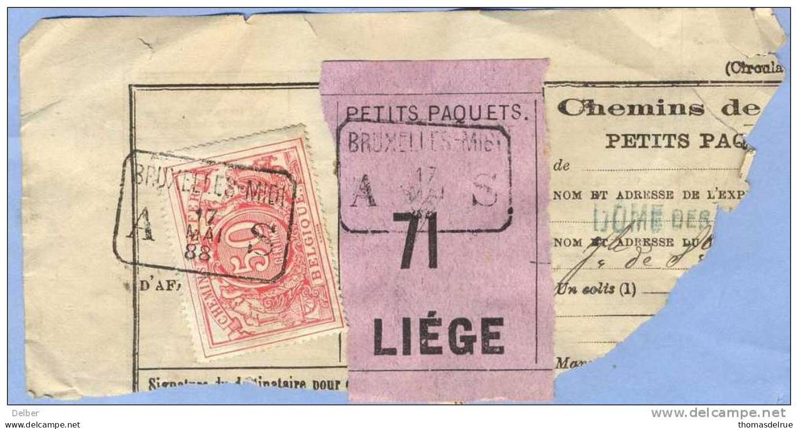 _V873: BRUXELLES-MIDI  A__S  17 MAI 88 > LIEGE: SP11/ Fragment Met  " étiquette "  PETITS PAQUETS : N° 71: - Documents & Fragments