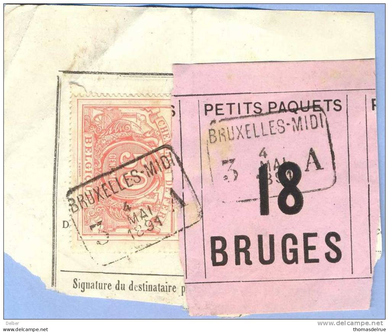 _V854: BRUXELLES-MIDI 3 __A  4 MAI 1891  >  BRUGES  - 3: Plat & Recht: SP11/ Fragment Met  " étiquette: PETITS PAQUETS:1 - Dokumente & Fragmente