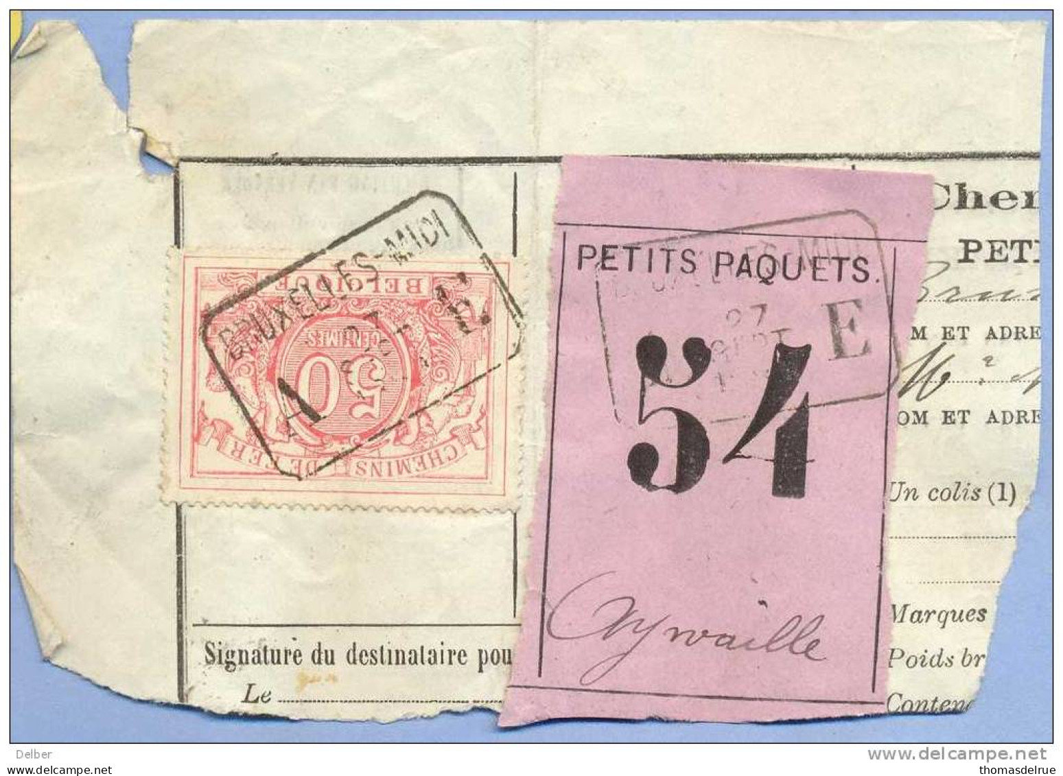 _V881: Aywaille: SP11/ Fragment Met  " étiquette "  PETITS PAQUETS : N° 54:  BRUXELLES-MIDI  A__E   27 SEPT 1881 > - Dokumente & Fragmente