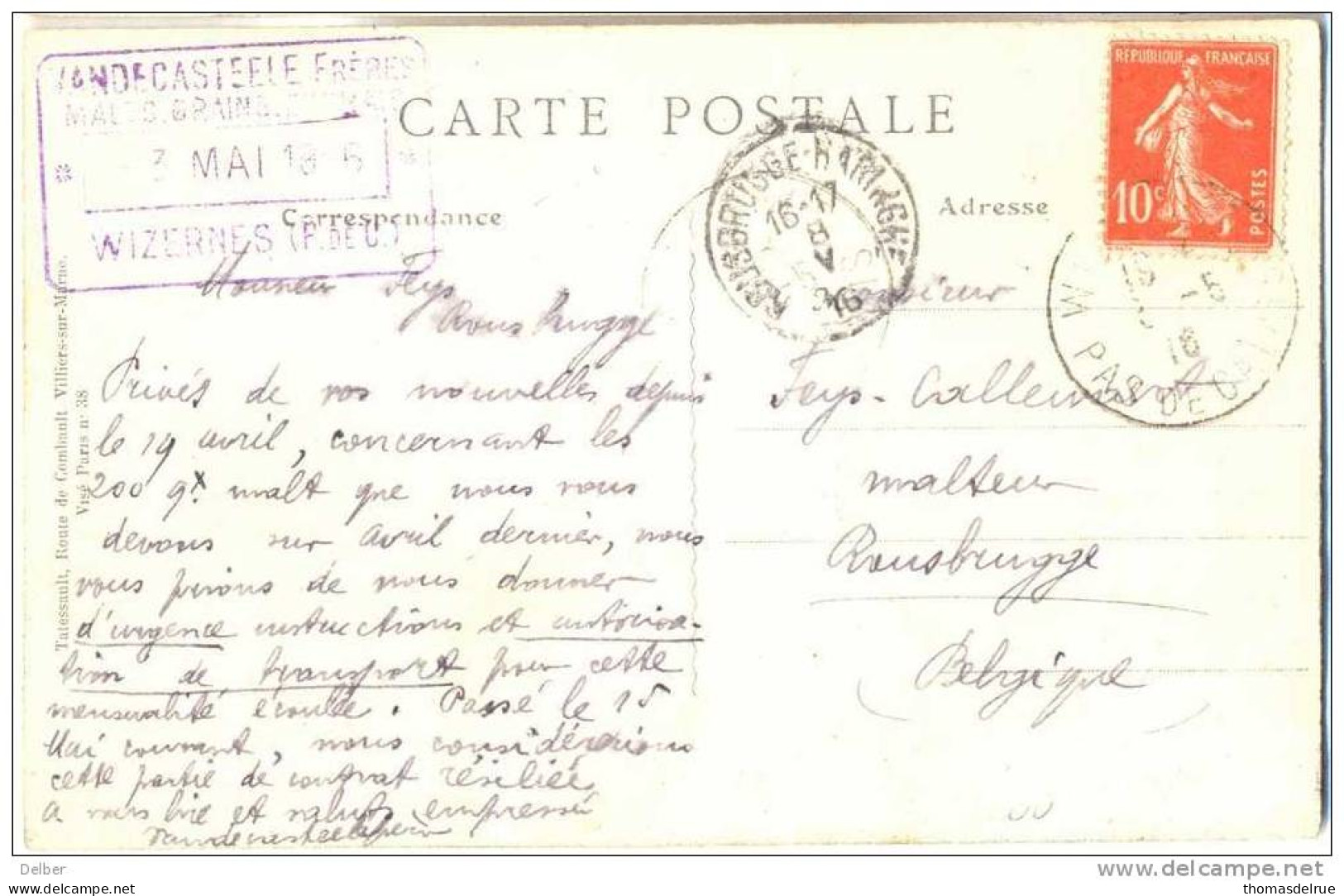 _G981: Carte Postale38-HALINNES -L'Eglise: 10c Sem. > Rousbrugge - AK: ROUSBRUGGE-HARINGHE 8 V 16: BIER - BROUWERIJ - Unbesetzte Zone